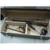 Image 2 : GRAY WOOD TOOL BOX WITH HATCHET, HAND RASP AND HAND SAWS