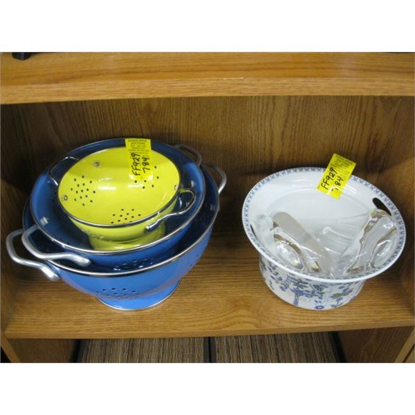 3 ENAMELLED STRAINERS & A BOWL WITH GLASS HANDS