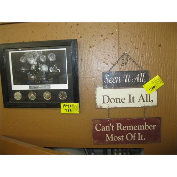 WALT DISNEY FRAMED COIN SET & A SMALL METAL SIGN