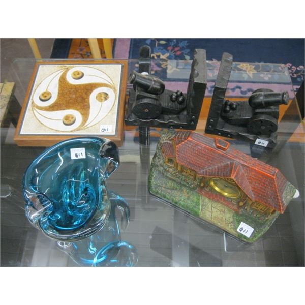 ART GLASS, BOOK ENDS, CLOCK, ETC.