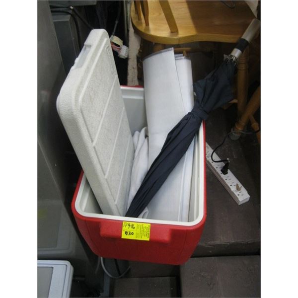 COLEMAN COOLER WITH UMBRELLA, ETC.