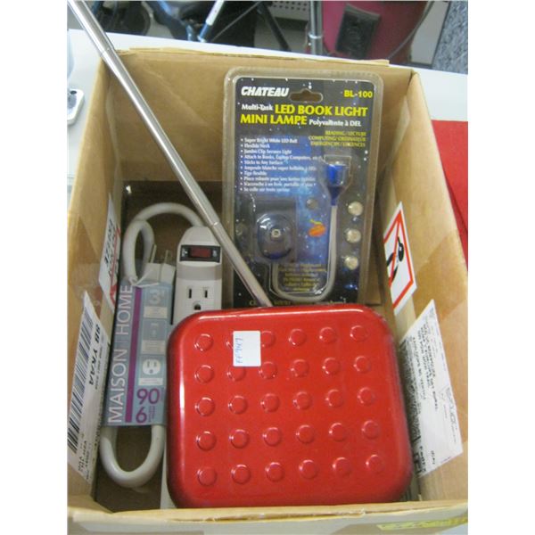 BOX OF MISC, POWERBAR, BOOKLIGHT, CD CASE, ETC.