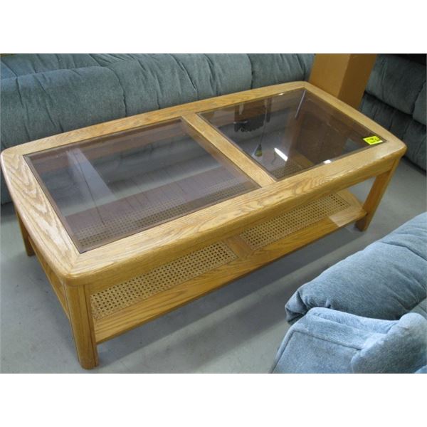 3 PIECE OAK & GLASS COFFEE & END TABLE SET