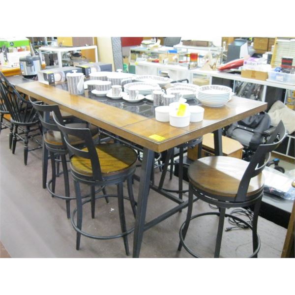 MODERN TABLE WITH BLACK GLASS CENTER & 6 SWIVEL STOOL CHAIRS