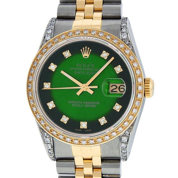 Rolex Mens 2 Tone Green Vignette Diamond Lugs Datejust Wristwatch