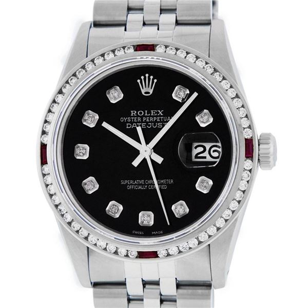 Rolex Mens SS Black Diamond & Ruby Channel Set Diamond Datejust Wristwatch 36MM