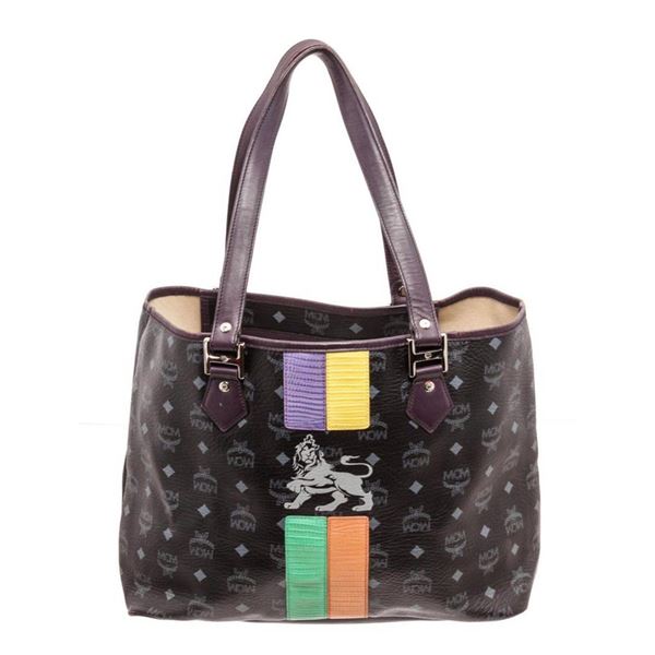 MCM Black Coated Canvas  Leather Lion Shopper Shoulder Bag