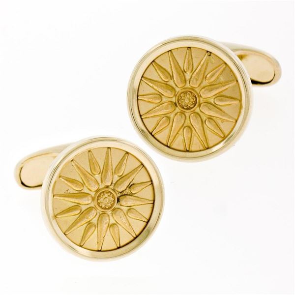 Men's 14k Yellow Gold Sandblast Finish 15.85mm Round Sun Burst Cuff Links