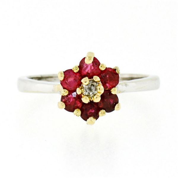 14kt Two Tone Gold 1.05 ctw Round Brilliant Ruby & Diamond Flower Cluster Ring