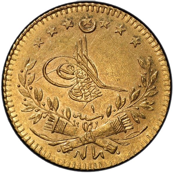 TURKEY: Murad V, 1876, AV 25 kurush, Kostantiniye, AH1293 year 1. PCGS AU58