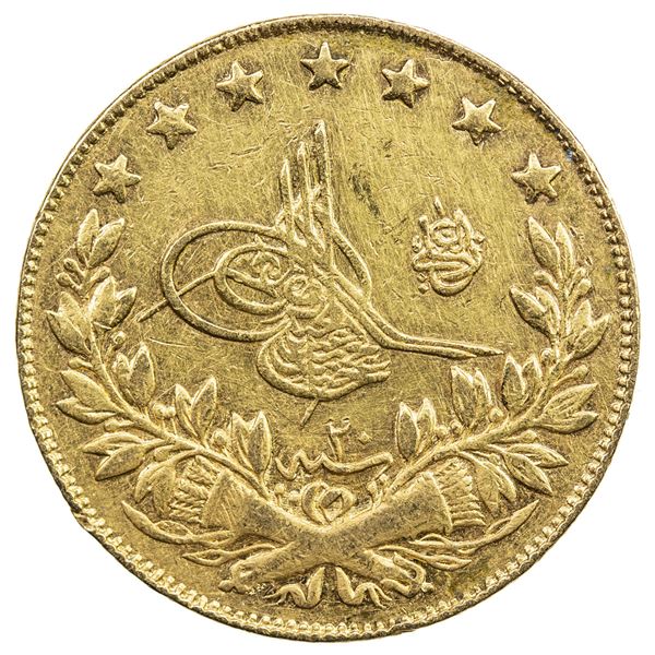 TURKEY: Abdul Hamid II, 1876-1909, AV 100 kurush, Kostantiniye, AH1293 year 20. VF