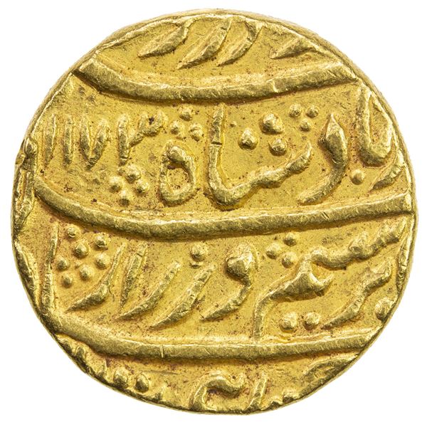 DURRANI: Ahmad Shah, 1747-1772, AV mohur (10.83g), Shahjahanabad (Delhi), AH1173 year 14. VF-EF