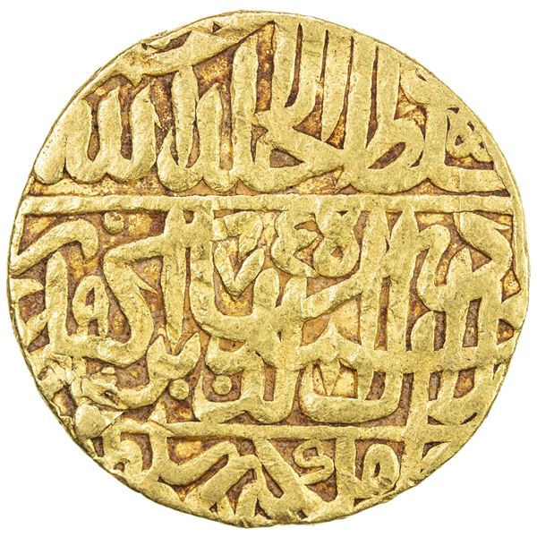 MUGHAL: Akbar I, 1556-1605, AV mohur (10.86g), Agra, AH975. F-VF