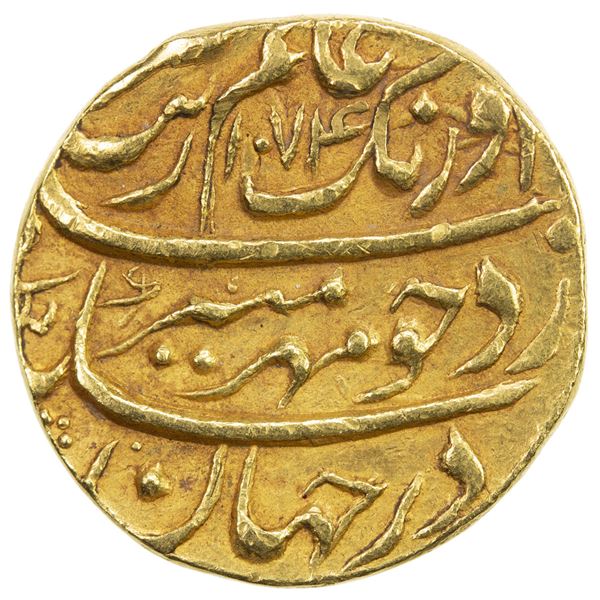 MUGHAL: Aurangzeb, 1658-1707, AV mohur (10.91g), Multan, AH1074 year 6. EF