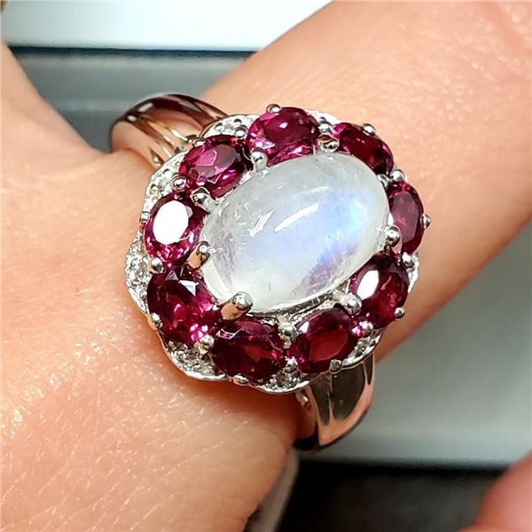 Silver Rainbow Moonstone And Rhodolite(4.1ct) Ring (~weight 4.8g), Suggested Retail Value $300