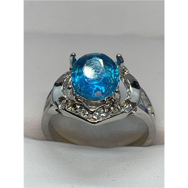 Ladies Size 7.5 Blue Zircon Oval Cut Solitaire Gemstone Ring