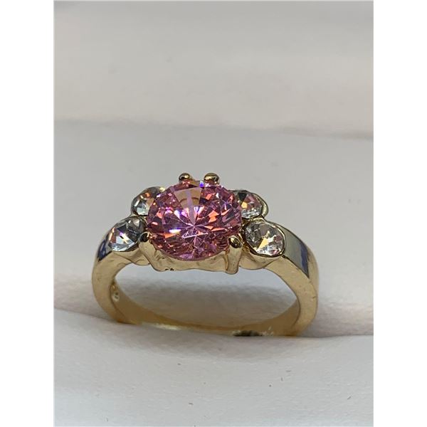 Ladies 14K GP Size 7.5 Pink Ice Solitaire Gemstone Ring with Side Stones