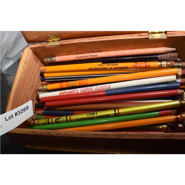 PINE BOX OF NOS VINTAGE PENCILS MASSEY HARRIS , 1937 CORONATION ETC