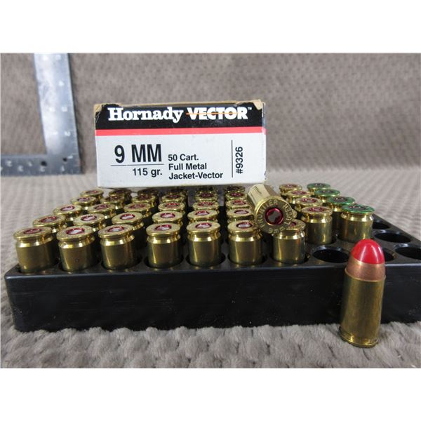 9MM Luger, 115 gr, FMJ- V, (Tracer) Hornady - Box 45