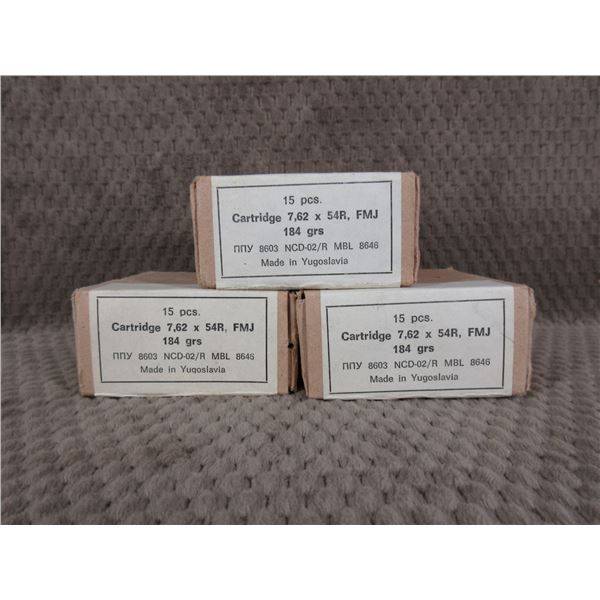 7.62 X 54R FMJ, 184 gr, Yugoslavia - 3 Boxes of 15