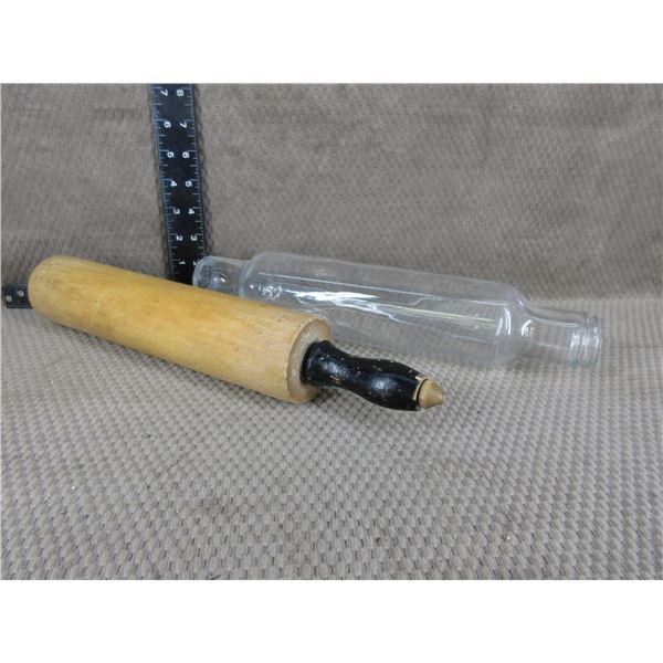 2 Rolling Pins - 1 Glass missing Lid, 1 Wood missing handle