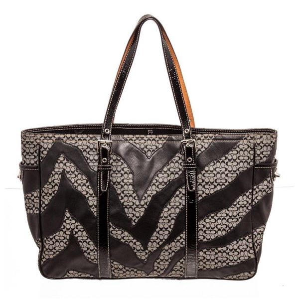 Coach Black Zebra Stripe Canvas  Leather Shoulder Bag