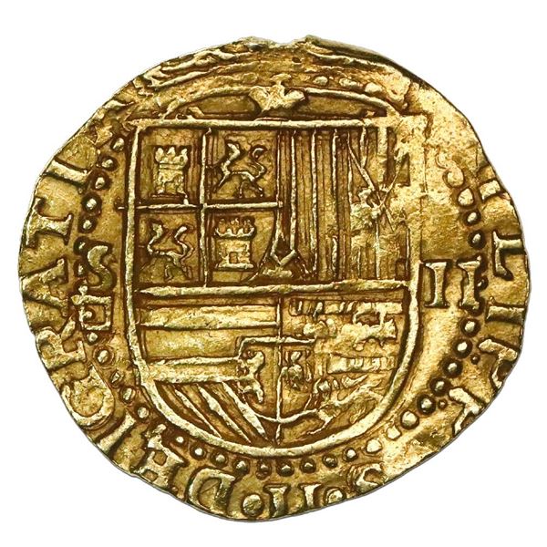 Seville, Spain, cob 2 escudos, Philip II, assayer Gothic D below mintmark S to left.
