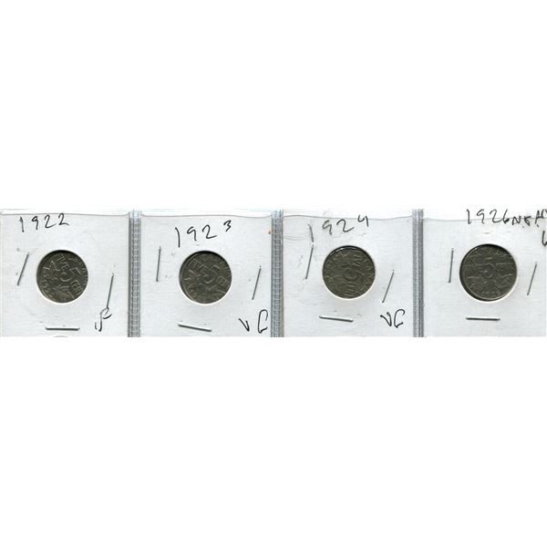 (4) Canadian 5 Cent Coins (F) 1922 + 1923 + 1924 + 1926