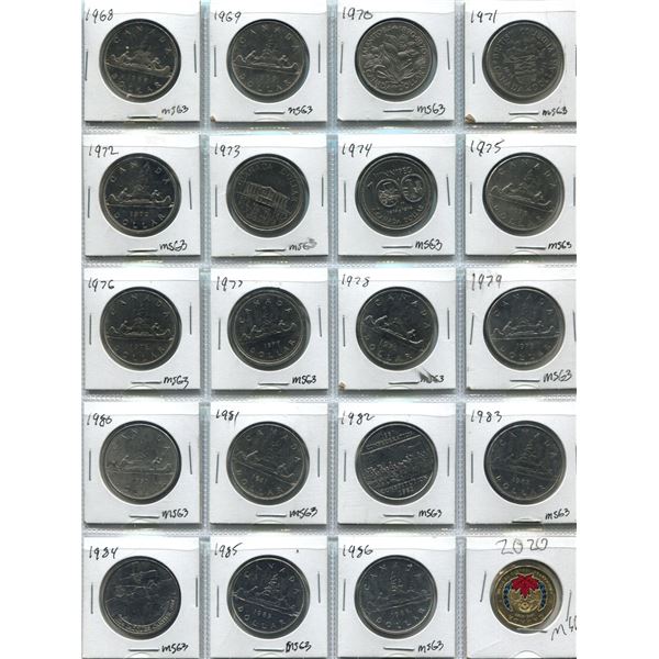 Sheet Of (19) Canadian Nickel Dollars (Various Dates) + Canada 2020 Loonie