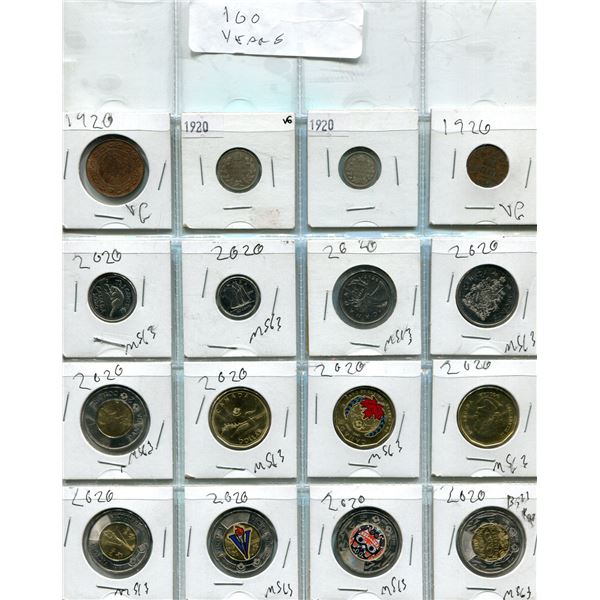 100 Years Of Canadian Coins (4) 1920 + (12) 2020