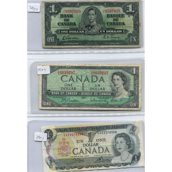(3) Canadian One Dollar Bills 1937 + 1954 + 1973