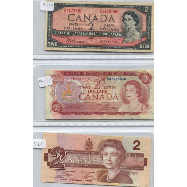 (3) Canadian Two Dollar Bill 1954 + 1974 + 1986