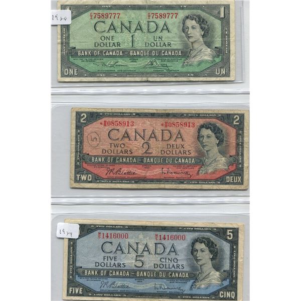 1954 Canadian One Dollar Bill + Two Dollar Bill + Five Dollar Bill