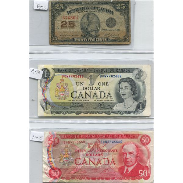 (3) Canadian Bills (1) Dominion Of Canada 25 Cents + 1 Dollar + 50 Dollar