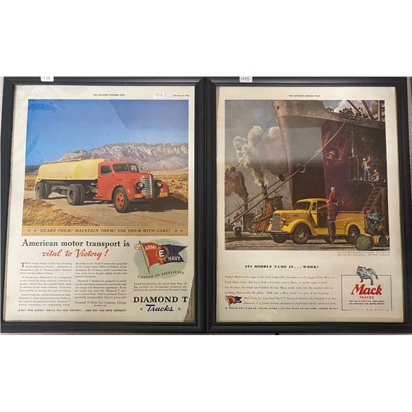 1942 + 43 Diamond T Trucks Framed Advertising 11.5"x14.5"