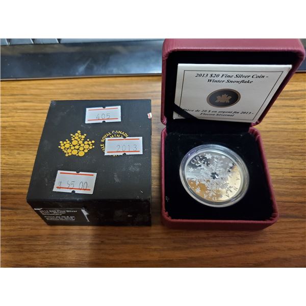2013 $20 FINE SILVER COIN 'WINTER SNOWFLAKE'