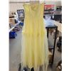 Image 5 : 1960’s yellow prom dress and cape, lace and tulle, 24” waist, and a pair of yellow gloves