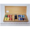 Image 2 : Lot of mint wood sewing spools with thread in divided box