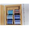 Image 3 : Lot of mint wood sewing spools with thread in divided box