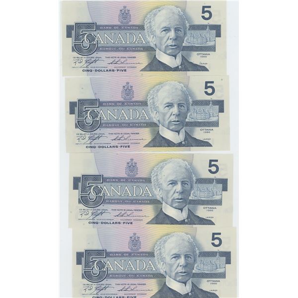 5 X 1986 Canadian 5 Dollar Bills in sequence 473-477