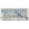 Image 4 : 5 X 1986 Canadian 5 Dollar Bills in sequence 473-477