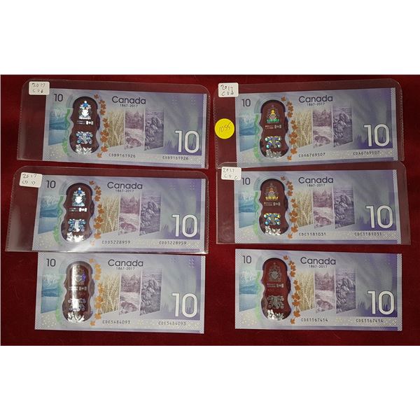 6 X 2017 Canadian 10 Dollar Bills
