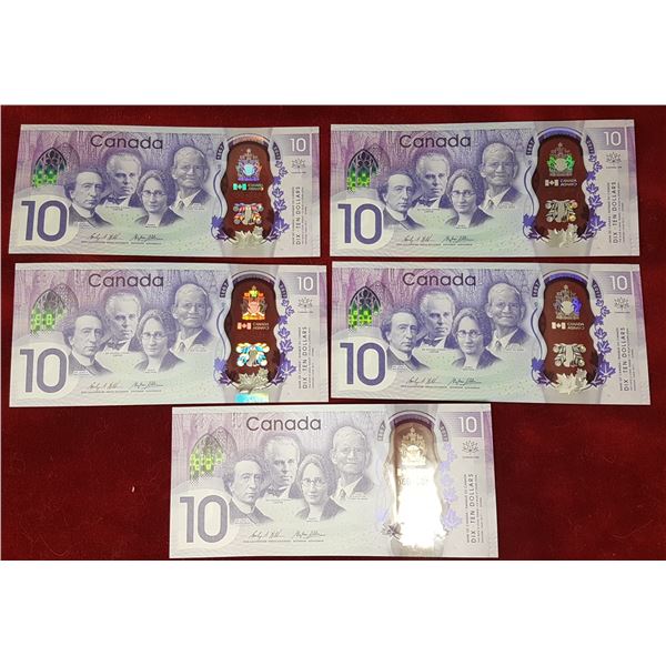 5 X 2017 Canadian 10 Dollar Bills In sequence 426-430