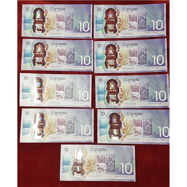 9 X 2017 Canadian 10 Dollar Bills in sequence 7023-7032