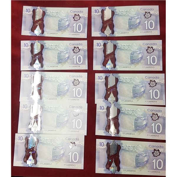 10 X  2013 Canadian 10 Dollar Bills sequential serial numbers
