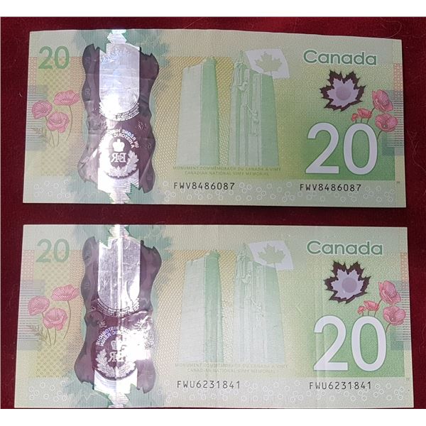 2 X 2013 Canadian 20 Dollar Bills