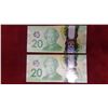 Image 2 : 2 X 2013 Canadian 20 Dollar Bills