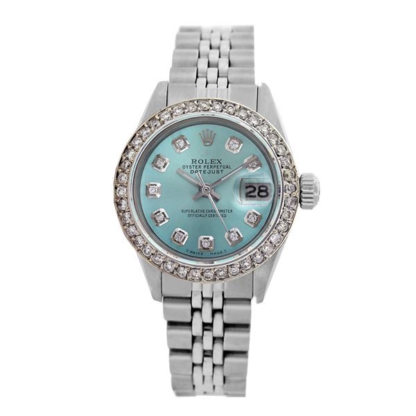 Rolex Pre-owned 26mm Womens Custom Ice Blue Dial Stainless Steel