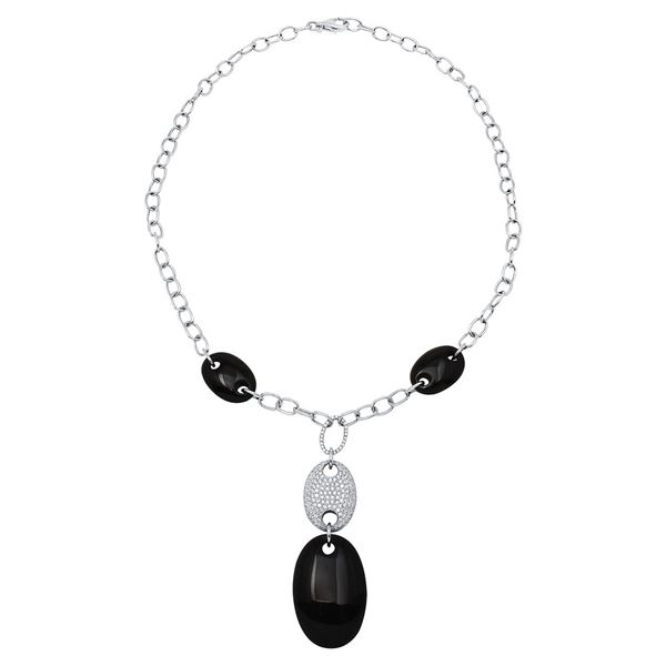 Natural 61.89 CTW Onyx & Diamond Necklace 14K White Gold - REF-197H3W