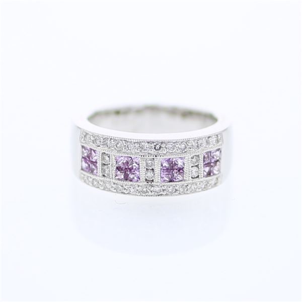 Natural 1.13 CTW Pink Sapphire & Diamond Ring 18K White Gold - REF-139T5X